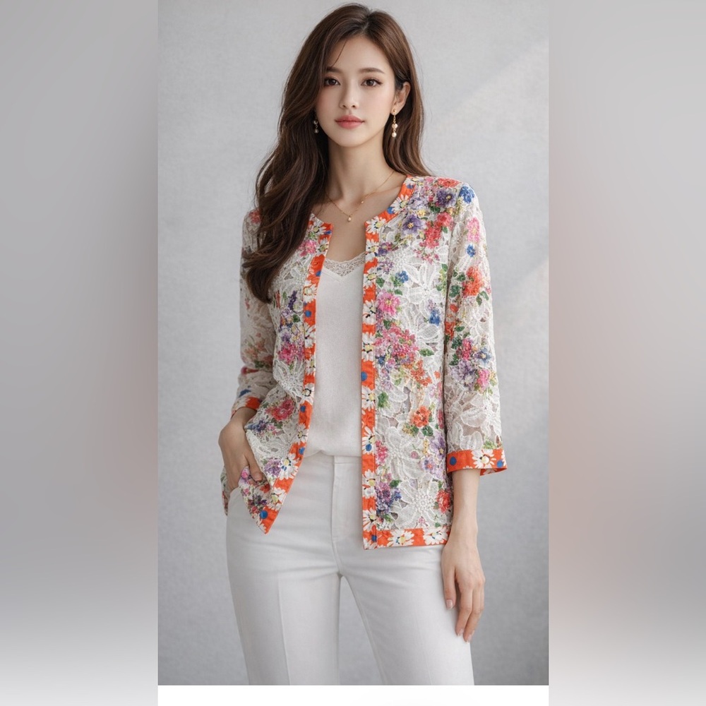 Michael Simon Floral Lace Embroidered Jacket Silk Trim Boho
Art Cardigan/woman L